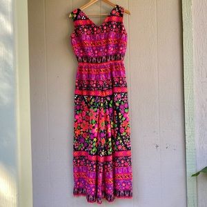 Vintage 70s Boho Hippie V neck Hot Pink Floral Pattern Wideleg Jumpsuit Size 2/4